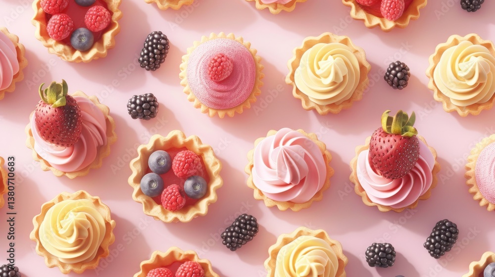 Naklejka premium A soft pastel D pattern of fruit tarts, clairs, and mousse cups, with detailed textures and subtle shadows, perfect for a wallpaper design