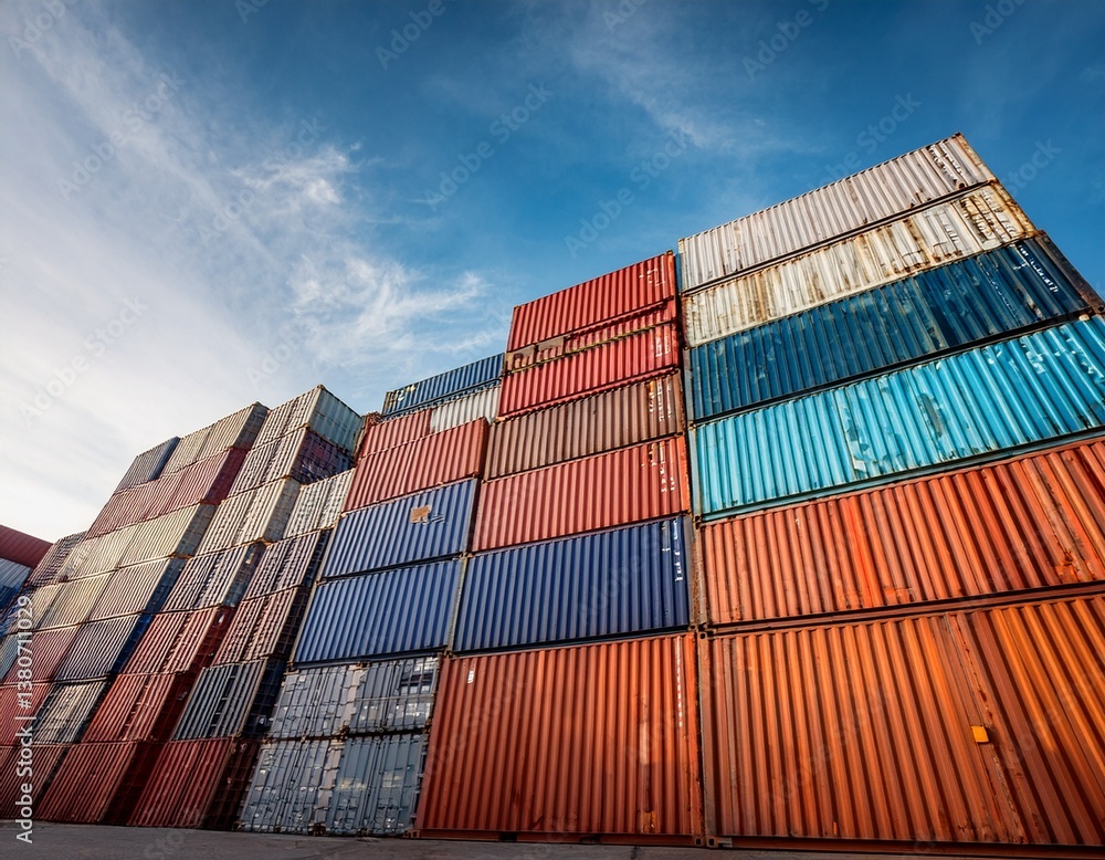 Fototapeta premium Stacks of isolated shipping containers with copy space