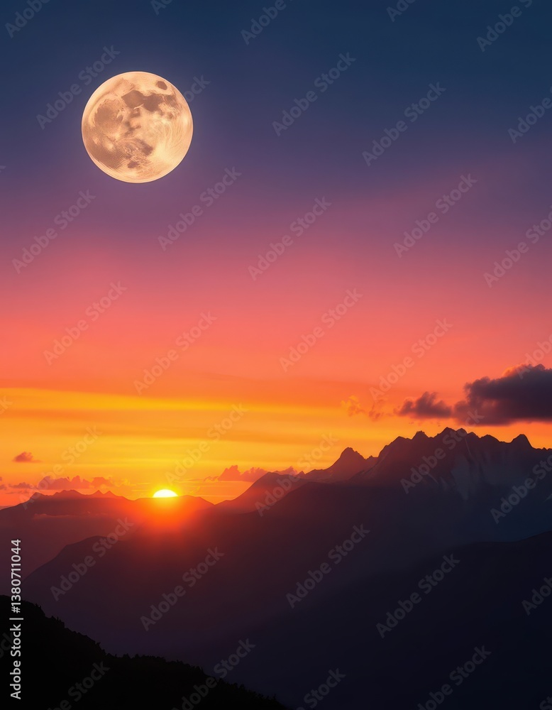 Sunset hues paint a majestic mountain range as a luminous orb hovers serenely above, clouds drifting dreamily, cloudscape, otherworldly Sunset hues paint a majestic mountain range as a luminous orb hovers serenely above, clouds drifting dreamily, cloudscape, otherworldly