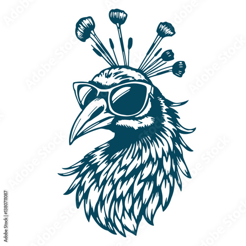 cool peacock wearing sunglasses, funny bird summer sketch
