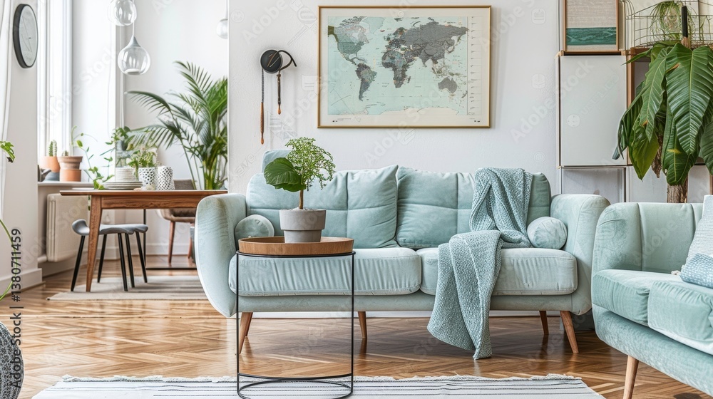 Fototapeta premium This stylish and cozy modern living room showcases vibrant green accents complemented by beautiful artwork