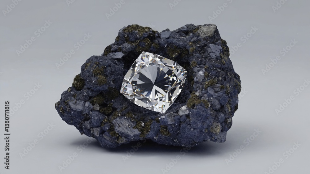 Naklejka premium A large diamond sits atop a rocky outcropping, surrounded by natural beauty