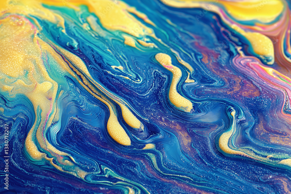 Mesmerizing abstract texture with vibrant blue and yellow swirls, showcasing fluid motion and intricate patterns. This captivating design evokes sense of wonder and creativity