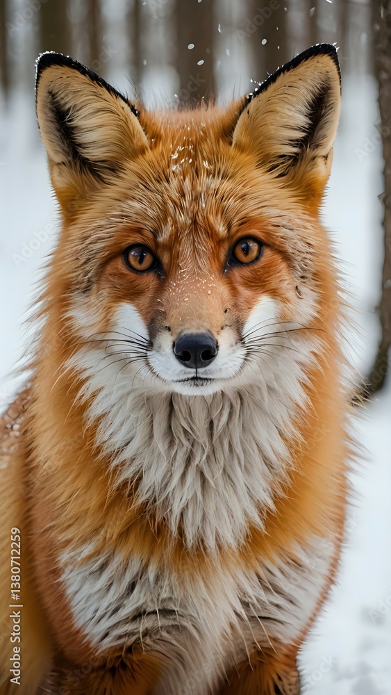 Fototapeta premium Majestic red fox in winter, stunning portrait. Snowflakes falling gently.