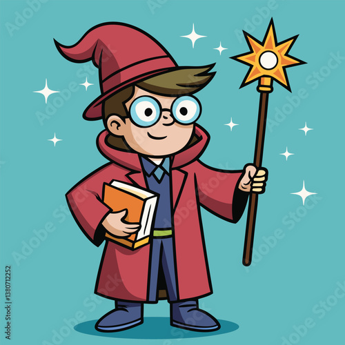 Cartoon Wizard Character with Magic Wand and Spell book Fantasy Illustration, Sorcerer, Enchanted Spell Casting, Wizardry Icon