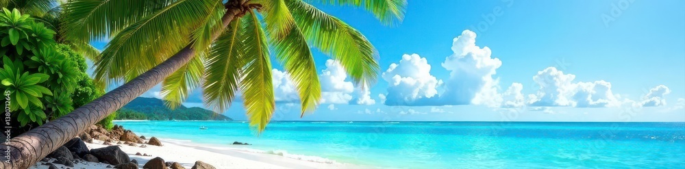 Majestic palm tree leaning over turquoise ocean; clear sky backdrop, texture, horizon Majestic palm tree leaning over turquoise ocean; clear sky backdrop, texture, horizon