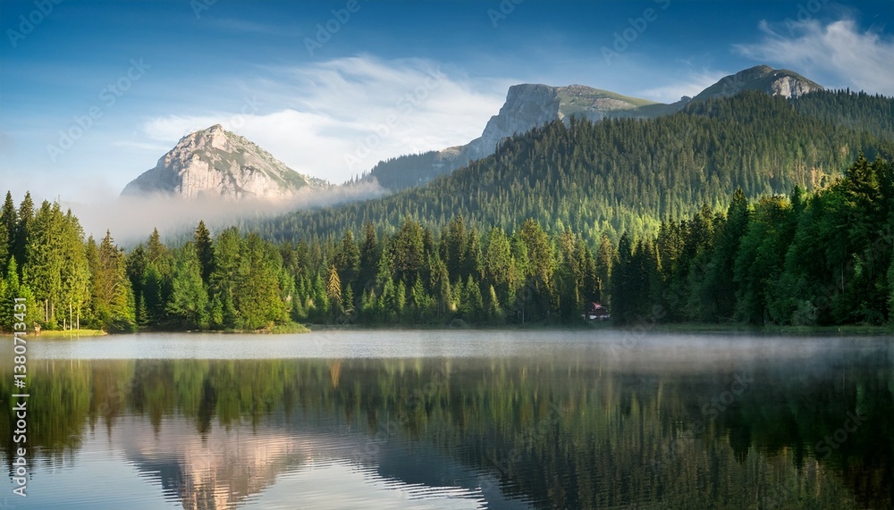 misty lake reflecting forested mountains misty lake reflecting forested mountains