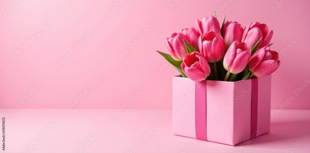Obraz premium Pink gift box with tulips on pink background Elegant Mother's Day present , giftbox, background, floral