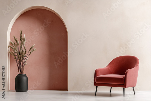 modern red chair in minimalist interior with beige pink wall and decorative plant in black vase, creating warm and inviting atmosphere