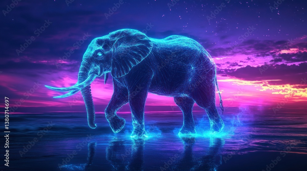 Fototapeta premium Neon elephant traversing shimmering waters against a vibrant twilight horizon