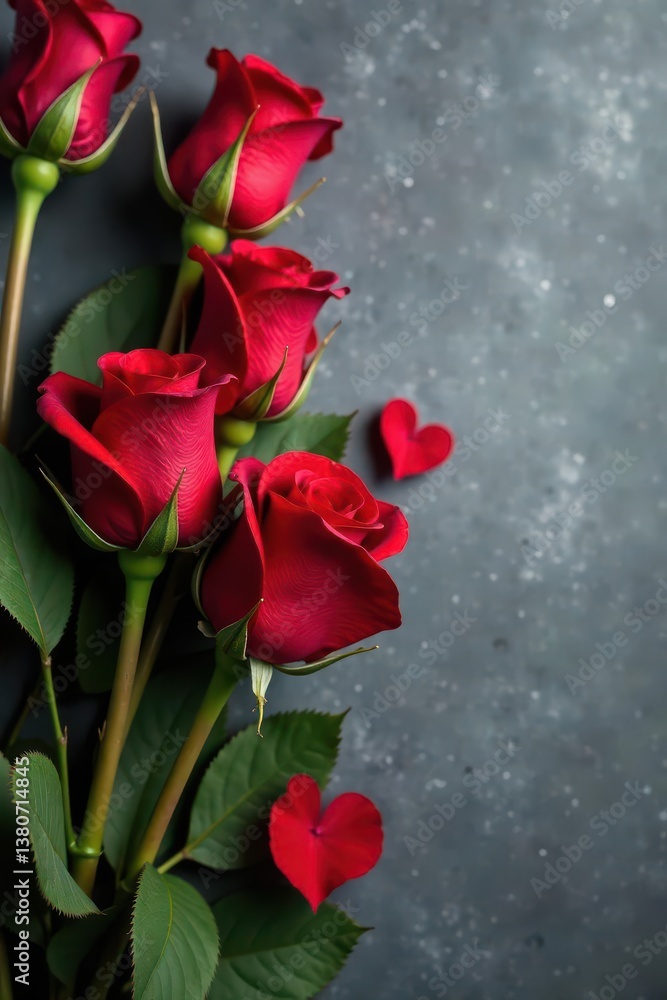 Red roses bouquet, stone background Valentine's Day Copy space , delight, gift, stone texture Red roses bouquet, stone background Valentine's Day Copy space , delight, gift, stone texture