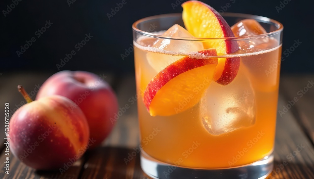 Ripe peach slices in a vibrant cocktail, ice cubes glistening , drinkware, cocktail glass, sweet Ripe peach slices in a vibrant cocktail, ice cubes glistening , drinkware, cocktail glass, sweet