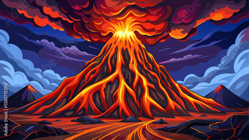 volcanic mountain erupting with glowing lava under a dark sky