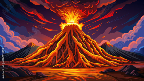 volcanic mountain erupting with glowing lava under a dark sky