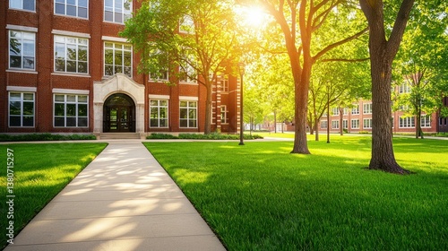 Wallpaper Mural A beautiful university campus in sunlight with a brick building and green lawns with trees. Torontodigital.ca