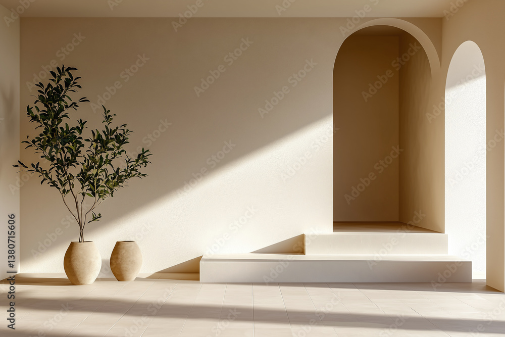Minimalist interior space with soft ambient light, featuring plant and decorative vases. design emphasizes simplicity and tranquility, creating serene atmosphere