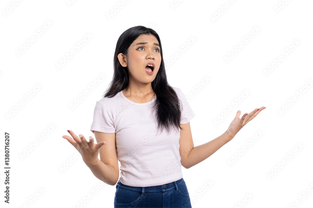 Frustrated young Asian woman raising hands with upset facial expression, confused and questioning, isolated on transparent background Frustrated young Asian woman raising hands with upset facial expression, confused and questioning, isolated on transparent background