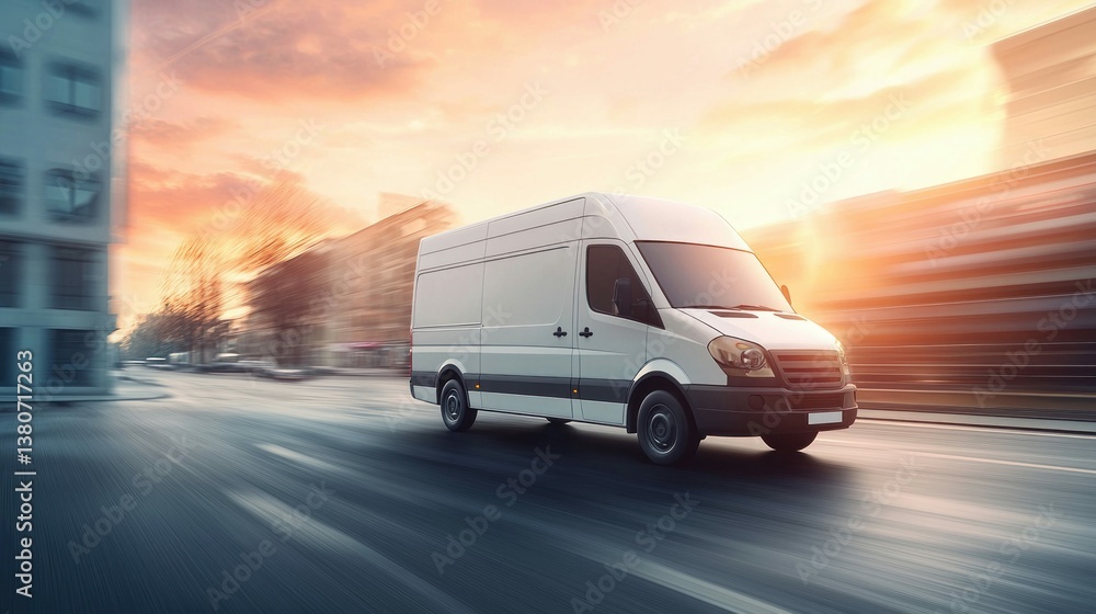 A white delivery van speeds along a city street at sunset, creating a sense of movement. A white delivery van speeds along a city street at sunset, creating a sense of movement.
