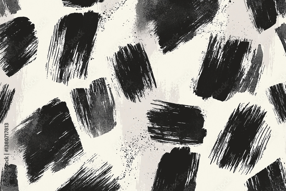Minimalist monochrome fabric pattern featuring abstract black brush strokes on light background, creating modern and artistic design