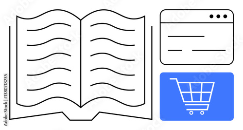 Open book with wavy lines, browser interface with minimal layout, and a blue shopping cart. Ideal for e-commerce, education, online shopping, publishing, digital resources learning marketing. Flat