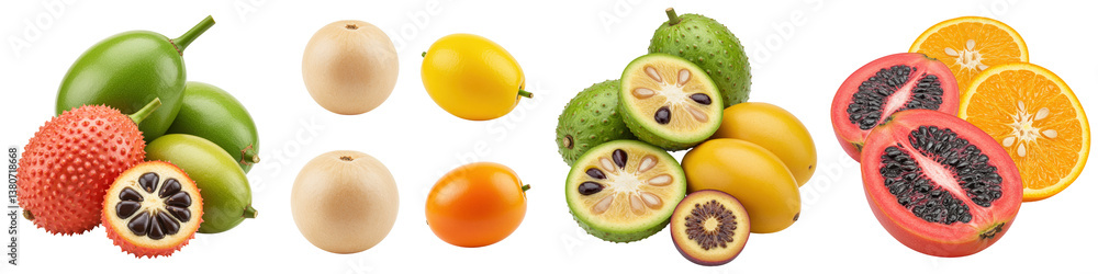 Fototapeta premium Exotic fruits Gac, Pepino Melon, Ambarella, and Tamarillo.