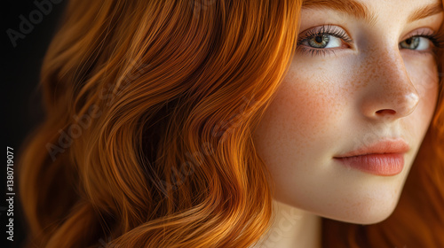 Beautiful model showing long wavy red hair and freckles on her face