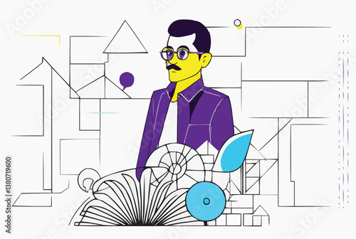 Man showing something thinking presenting concepts vector illustration line art