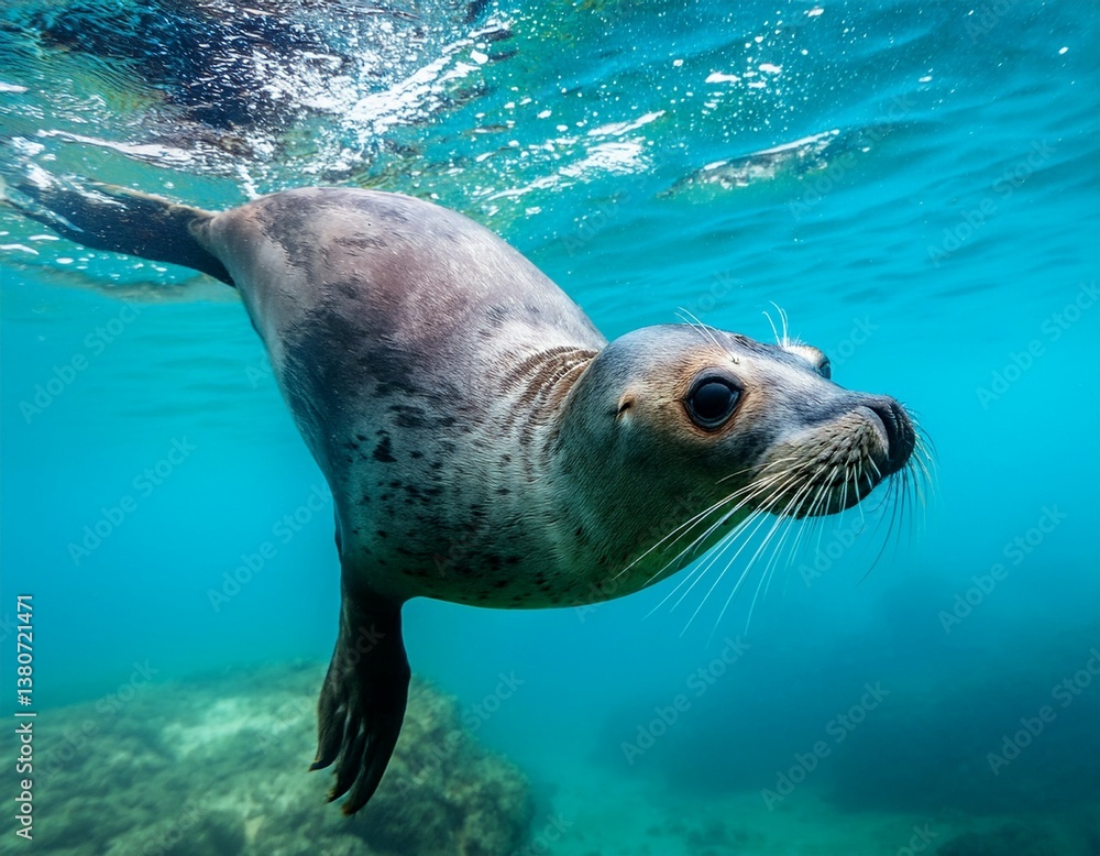 Fototapeta premium close up of a playful seal swimming underwater in crystal clear turquoise water capturing the beauty of marine life