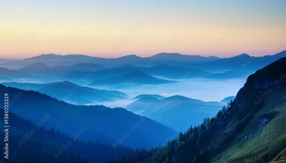 Obraz premium misty blue mountains at sunrise