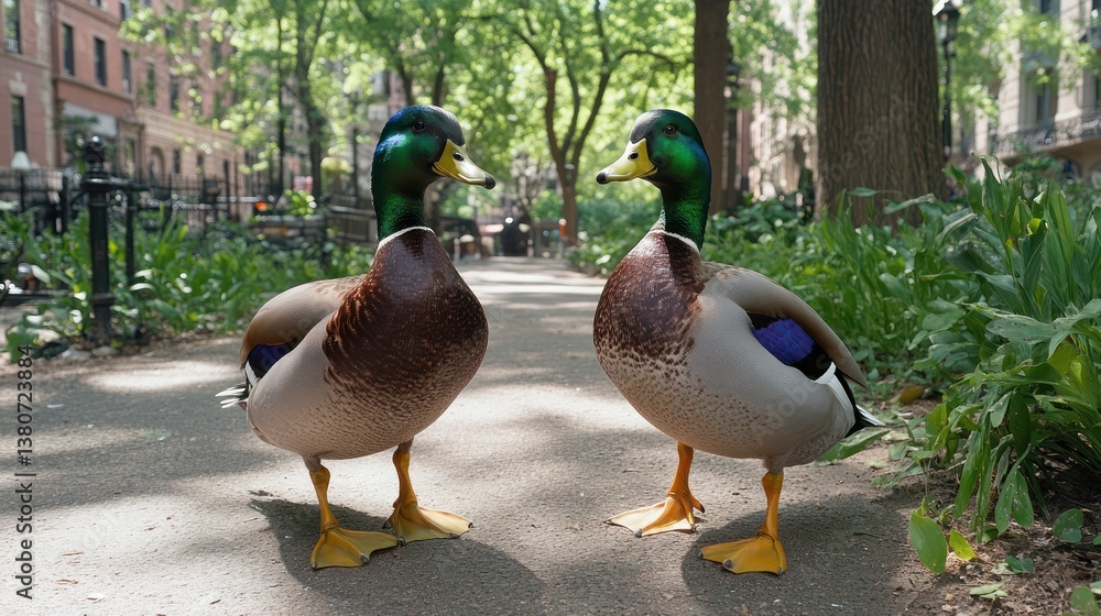 Fototapeta premium City park ducks facing, urban green background, sunlight, nature