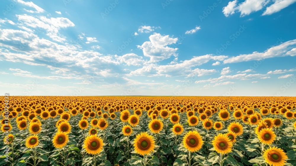 Fototapeta premium Expansive sunflower field against a blue sky dotted with fluffy clouds