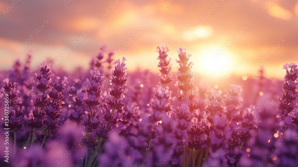 Fototapeta premium Lavender field blooms at sunset. Purple flowers stretching into horizon with vibrant colors