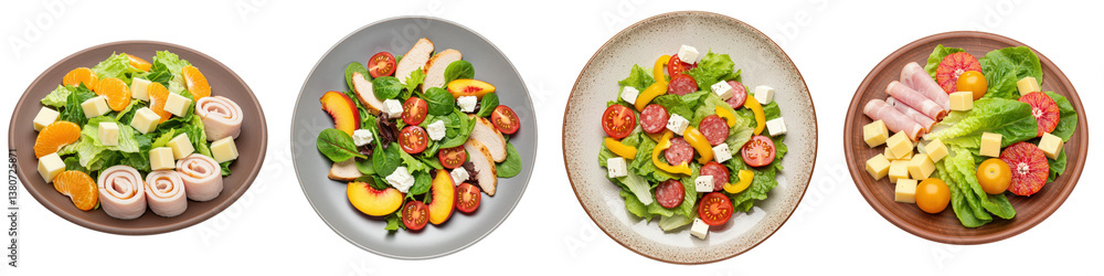 Four plates with fresh, healthy salad variations. Four plates with fresh, healthy salad variations.