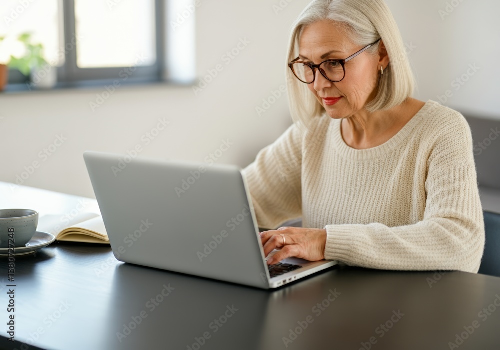Senior woman using laptop at home desk with coffee cup and notebook Senior woman using laptop at home desk with coffee cup and notebook