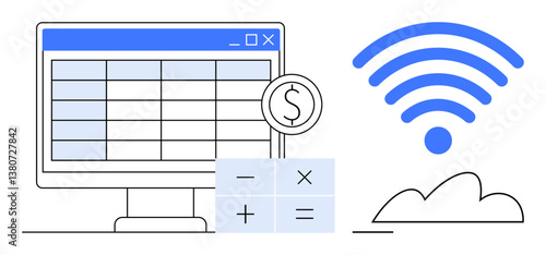 Cloud-connected spreadsheet interface with financial calculator, wireless signal, and dollar currency icon. Ideal for finance, cloud tools, analytics, budgeting, SaaS tech calculations. Flat simple