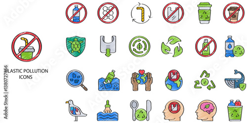 Plastic Pollution simple concept 24 hand drawn color icons set. Contains such ecology, policy, pollution, environment, waste, ecosystem .Vector illustration.