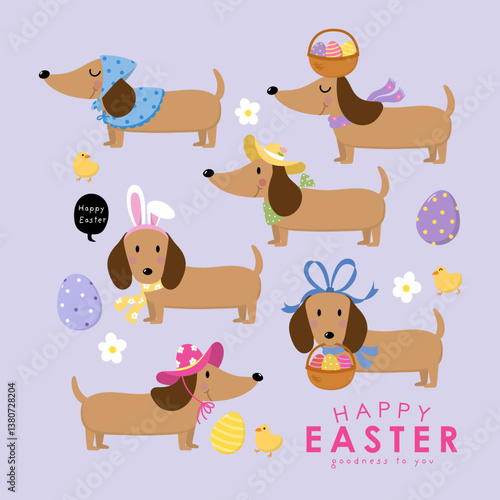 Happy Easter greeting card with cute dachshund puppy in spring and bunny ears costumes. Animal, dog and eggs holidays cartoon characters. -Vector