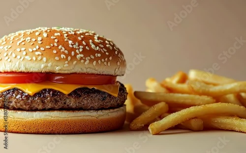 Minimalist photography of a burger and fries next to a health alert, symbolizing the global nutrition and obesity epidemic, isolated background, close-up.