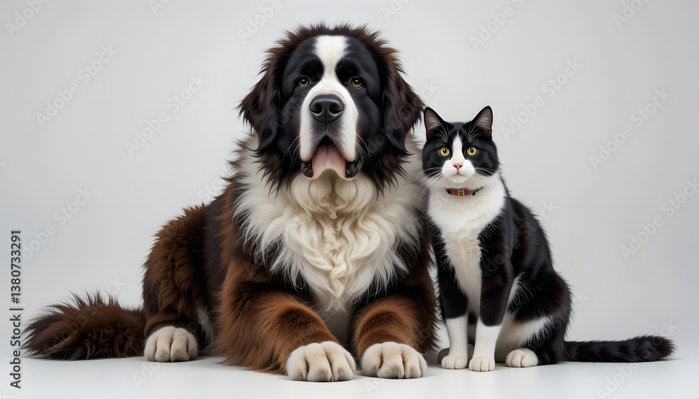 Adorable Bernese Mountain Dog and Tuxedo Cat Posing Together in Studio Setting: A heartwarming image of interspecies friendship Adorable Bernese Mountain Dog and Tuxedo Cat Posing Together in Studio Setting: A heartwarming image of interspecies friendship