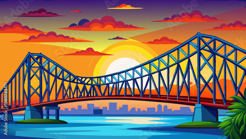 Historic Howrah bridge in Kolkata during sunset over blue sky