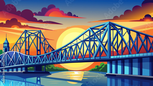 Historic Howrah bridge in Kolkata during sunset over blue sky