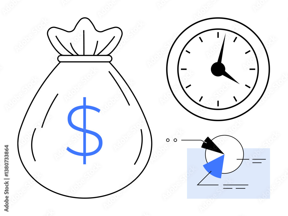 Money bag with dollar sign, clock showing time, and pie chart with a document illustrate time, finance, and data. Ideal for finance, planning, time management, strategy savings economy flat simple Money bag with dollar sign, clock showing time, and pie chart with a document illustrate time, finance, and data. Ideal for finance, planning, time management, strategy savings economy flat simple
