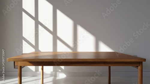 A simple wooden table sits in front of a window, perfect for a study or workspace