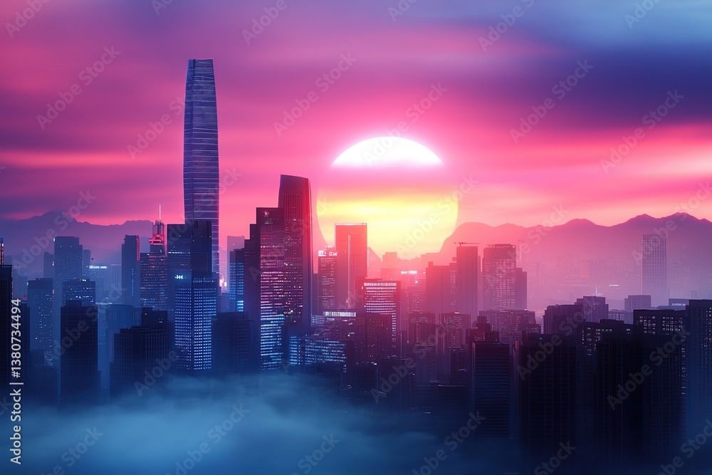 Fototapeta premium renewable energy, clean, climate, Vibrant city skyline at sunset with silhouettes of skyscrapers against a colorful sky.