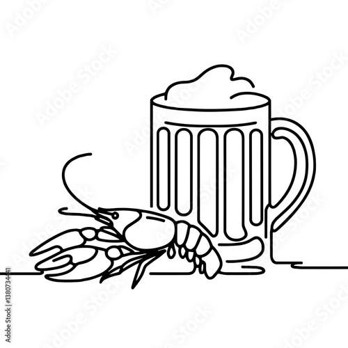 Mug of beer with crawfish, vector, black line drawing, minimalistic, single line, simple line, isolated, transparent background 