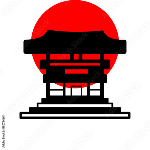 vector illustration of Japanese pagoda with red sun