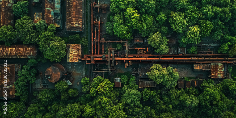Aerial view of rusty industrial structures reclaimed by lush green trees, showcasing nature's gradual takeover of urban decay and symbolizing regeneration or environmental resilience Aerial view of rusty industrial structures reclaimed by lush green trees, showcasing nature's gradual takeover of urban decay and symbolizing regeneration or environmental resilience