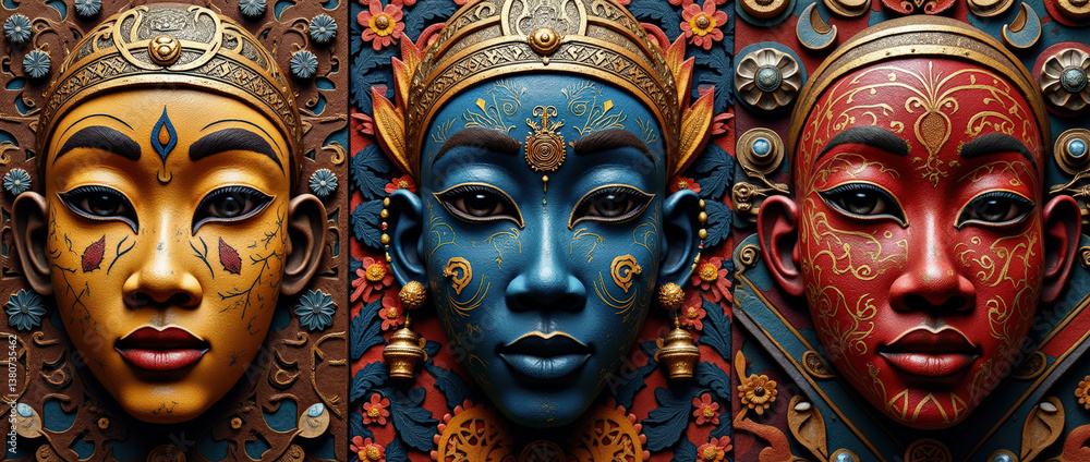 Obraz premium Colorful face sculptures reflecting diverse cultural artistry