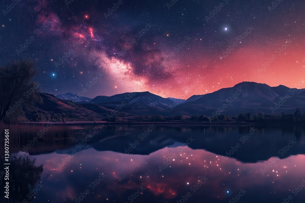 Stunning night sky with stars and nebulae, a fantasy landscape with a lake reflection, a color theme of purple Stunning night sky with stars and nebulae, a fantasy landscape with a lake reflection, a color theme of purple