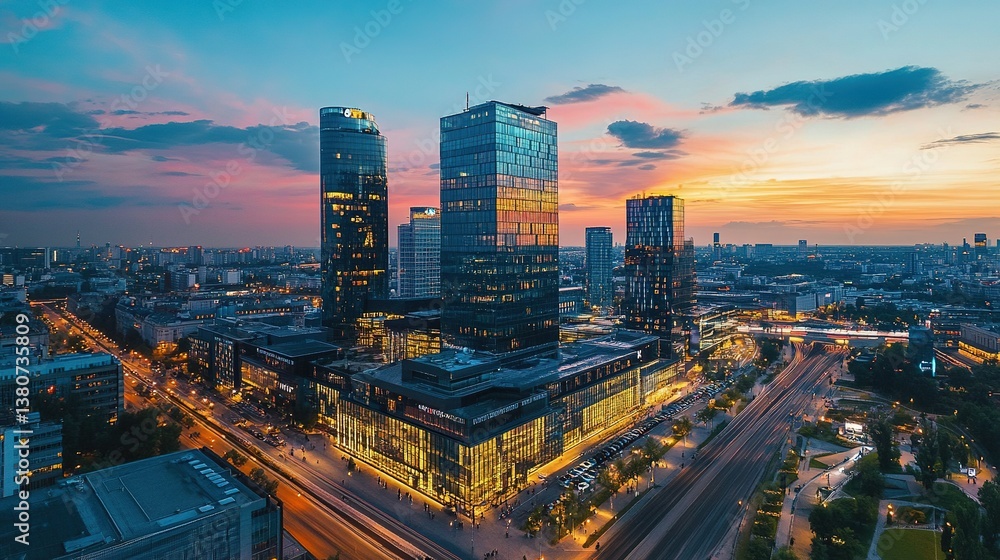 Aerial view of a vibrant modern business district at dusk, with tall glass skyscrapers illuminated by city lights, captured in long exposure style with vivid blue and orange hues. Aerial view of a vibrant modern business district at dusk, with tall glass skyscrapers illuminated by city lights, captured in long exposure style with vivid blue and orange hues.